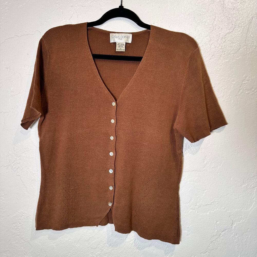 Casual Corner Large Chocolate Brown Short Sleeve Button Up Sweater Ramie Cotton